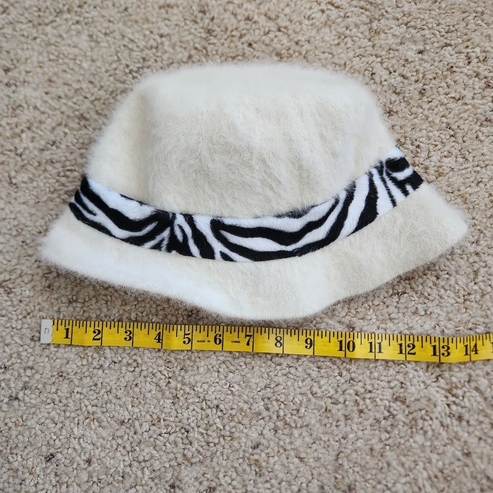 Womens Vintage Fluffy Cream Bucket‎ Hat Zebra Band Angora Wool Blend y2k - Picture 7 of 8